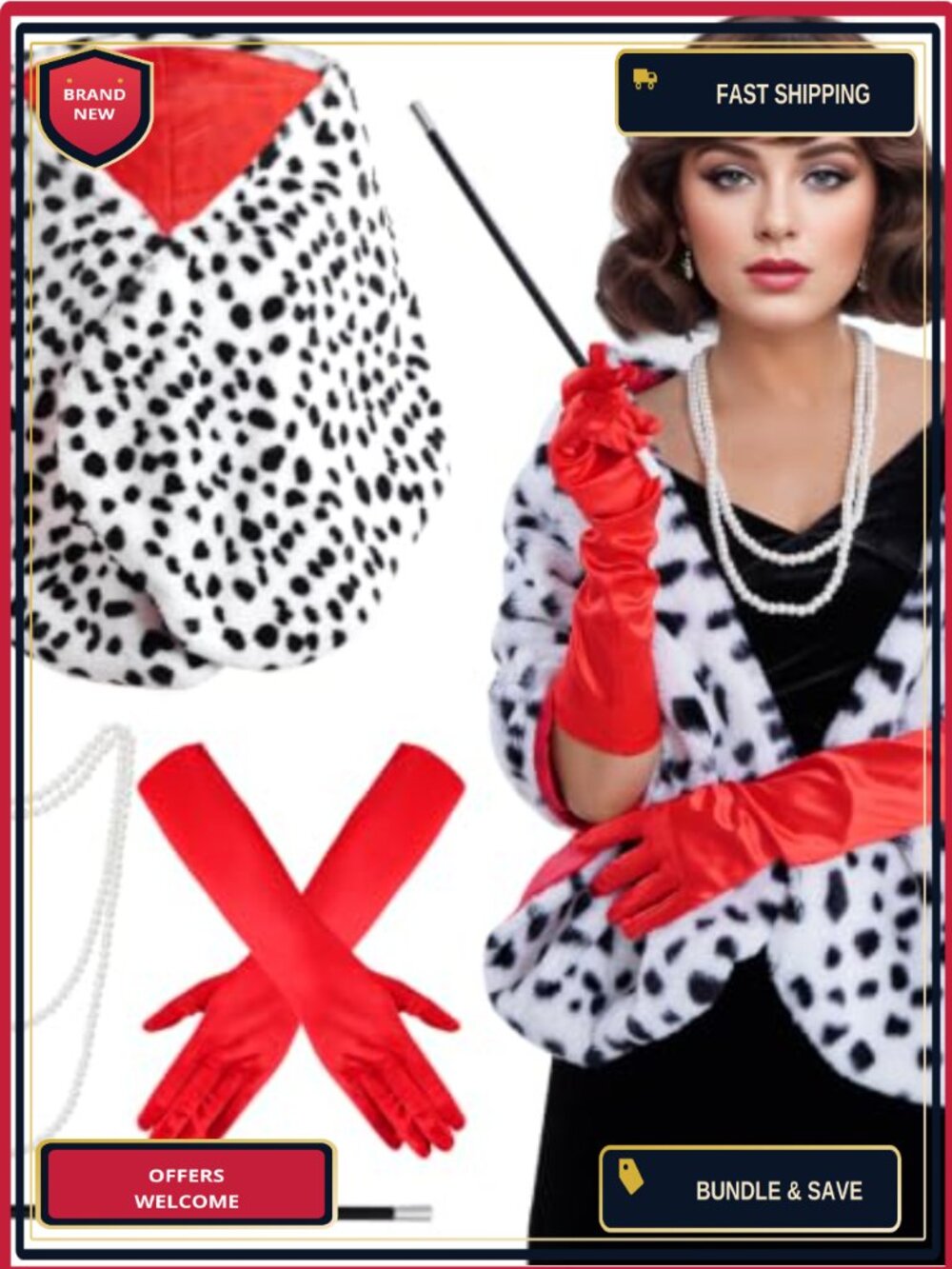 Dalmatian Shawl Scarf Red Gloves Pearls Necklace Costume Accessory Set
